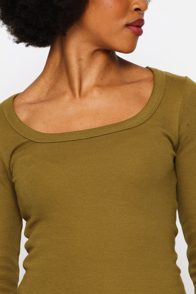 Long Sleeve Square Neck Basic Rib Tee - Olive