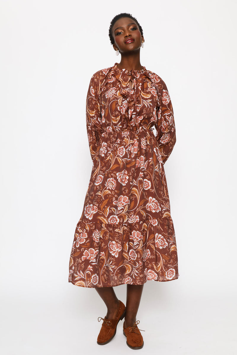 Ruffle Waisted Frill Hem Boho Midi Dress - Brown