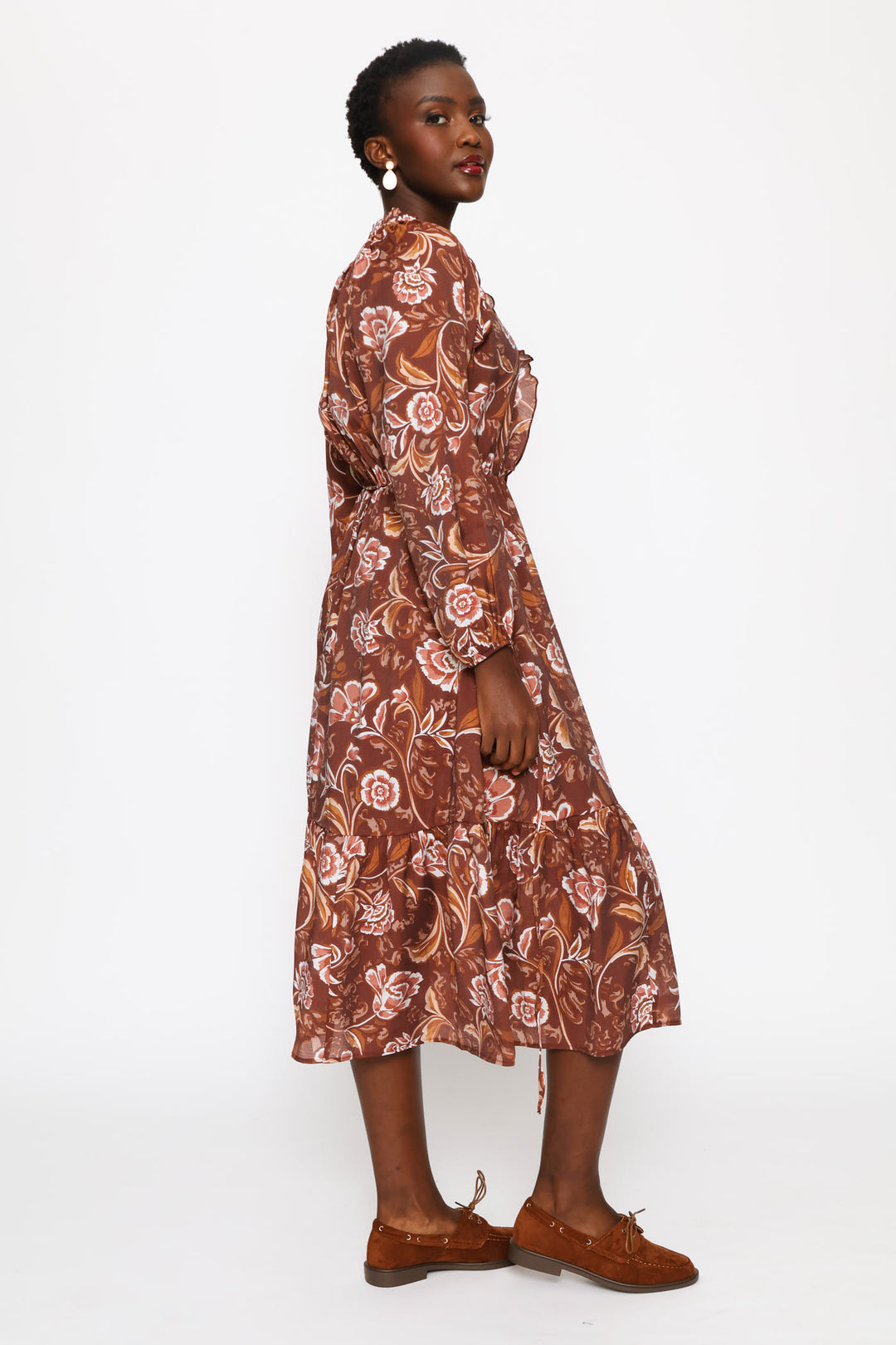 Ruffle Waisted Frill Hem Boho Midi Dress - Brown