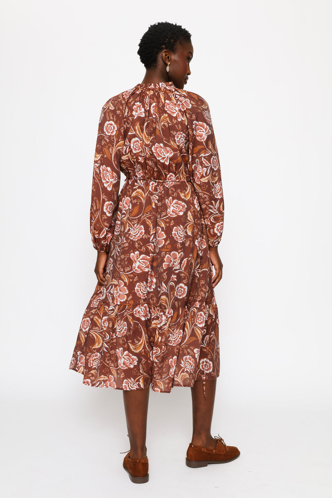 Ruffle Waisted Frill Hem Boho Midi Dress - Brown