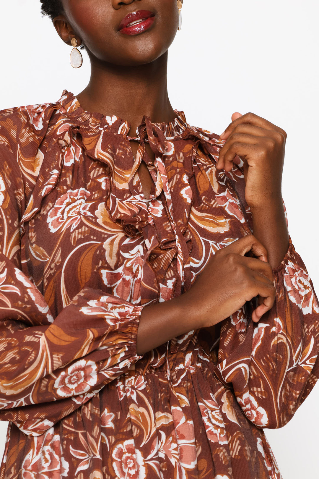 Ruffle Waisted Frill Hem Boho Midi Dress - Brown