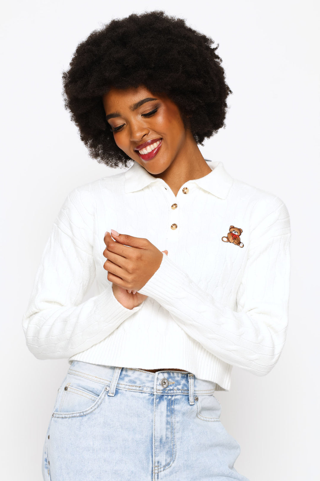 Cable Collar Teddy Knitwear - Cream