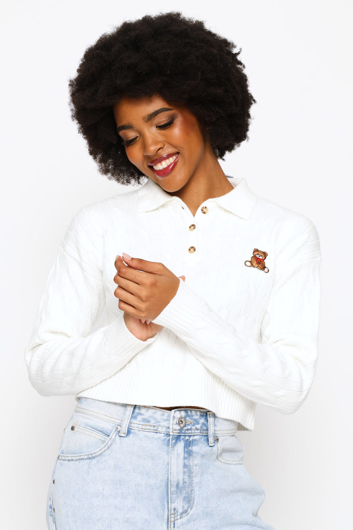 Cable Collar Teddy Knitwear - Cream