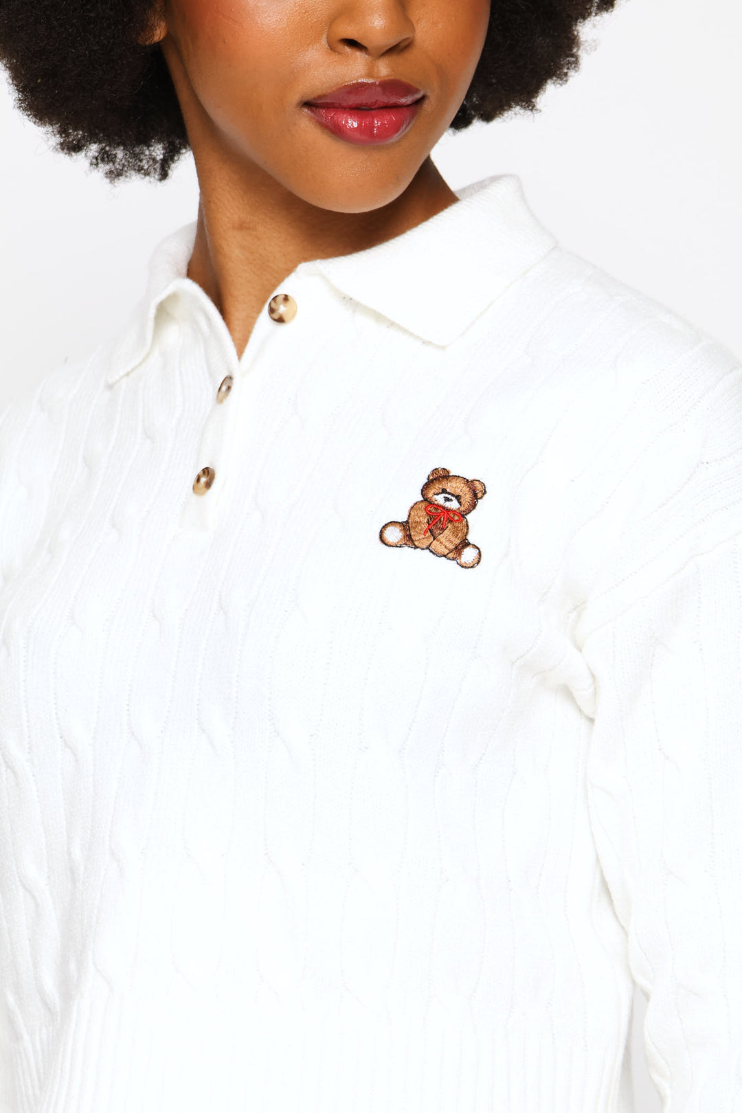 Cable Collar Teddy Knitwear - Cream