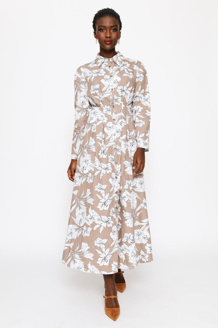 Long Sleeve Button Through Pleated Bodice Midaxi Dress - White/Mocha