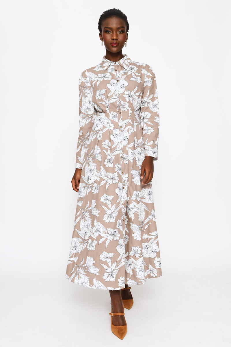 Long Sleeve Button Through Pleated Bodice Midaxi Dress - White/Mocha