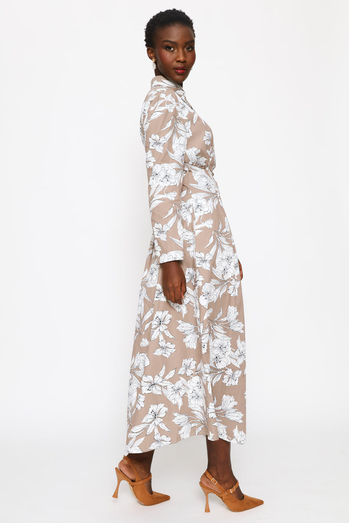 Long Sleeve Button Through Pleated Bodice Midaxi Dress - White/Mocha