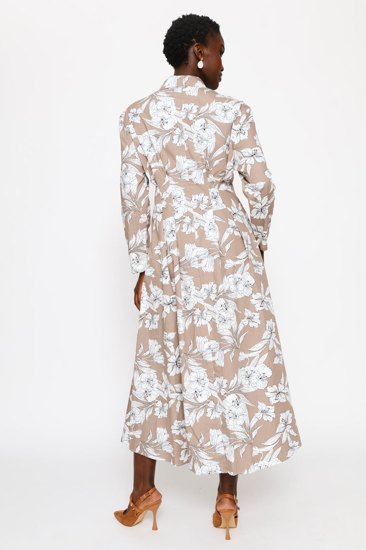 Long Sleeve Button Through Pleated Bodice Midaxi Dress - White/Mocha