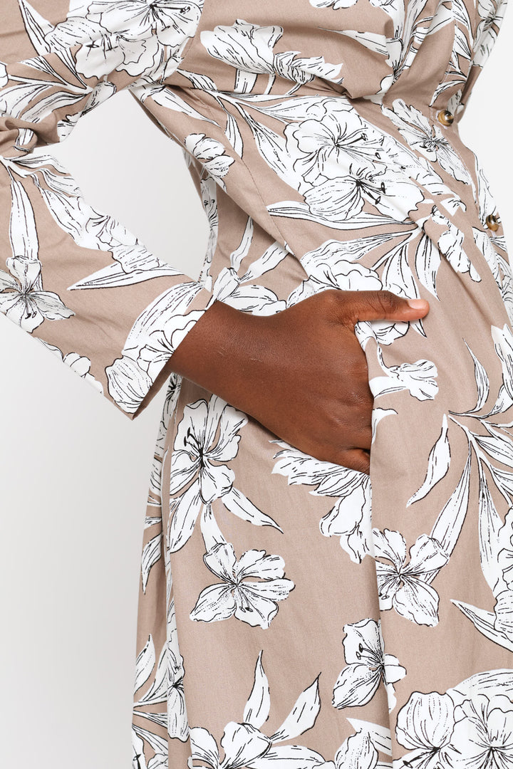 Long Sleeve Button Through Pleated Bodice Midaxi Dress - White/Mocha