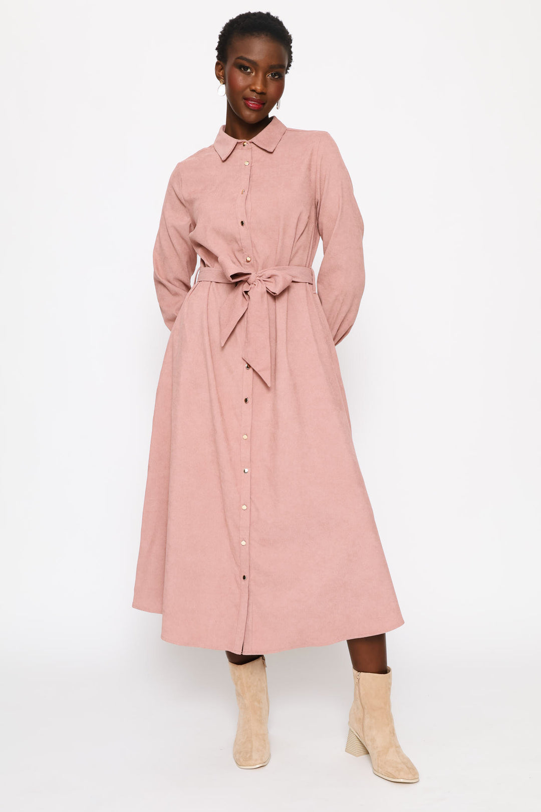 Long Sleeve Corduroy Self Belt Midi Shirt Dress - Deep Rose