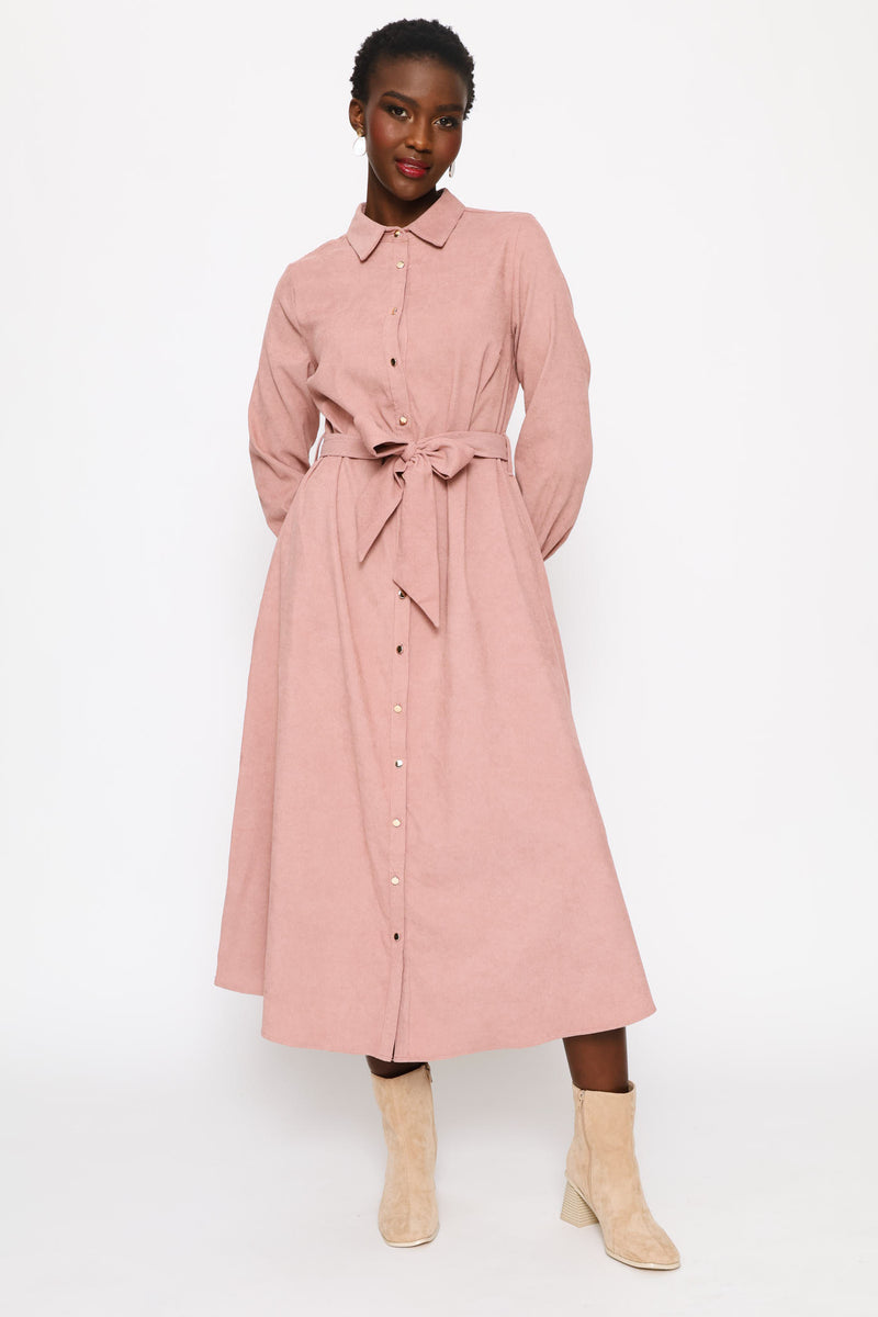 Long Sleeve Corduroy Self Belt Midi Shirt Dress - Deep Rose
