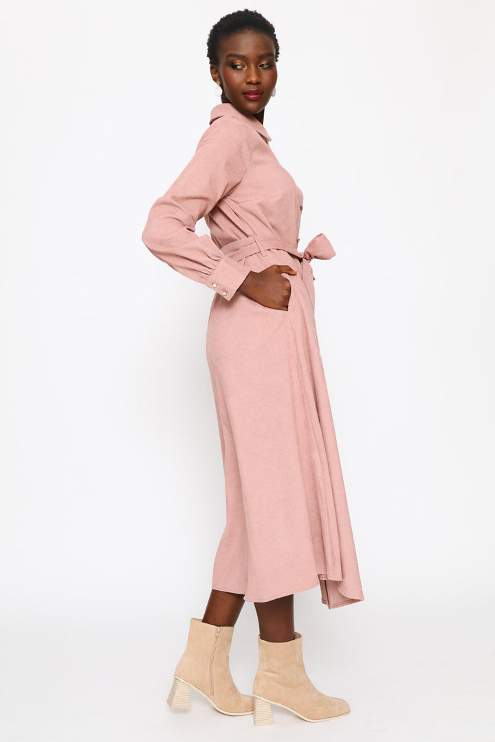 Long Sleeve Corduroy Self Belt Midi Shirt Dress - Deep Rose