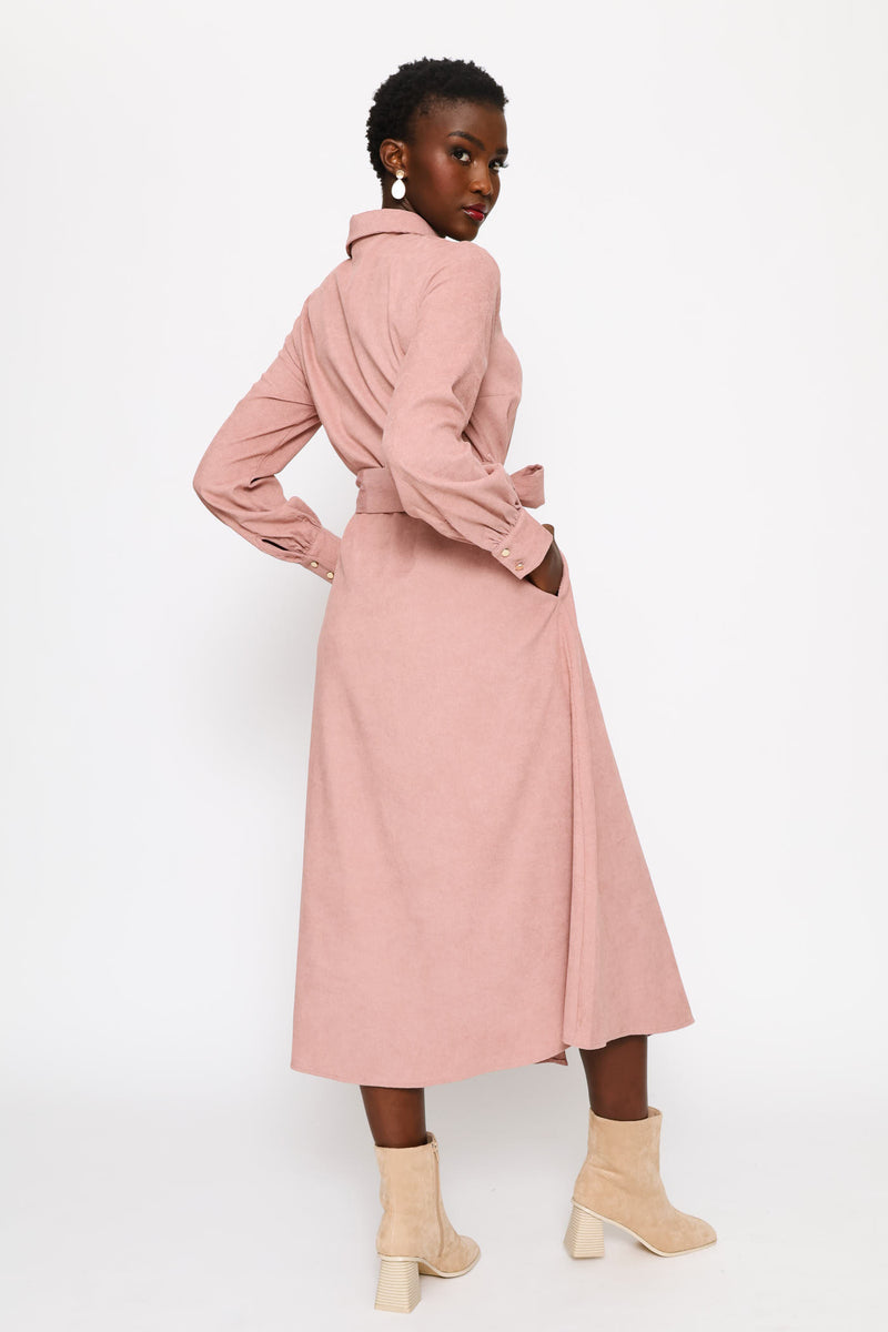 Long Sleeve Corduroy Self Belt Midi Shirt Dress - Deep Rose