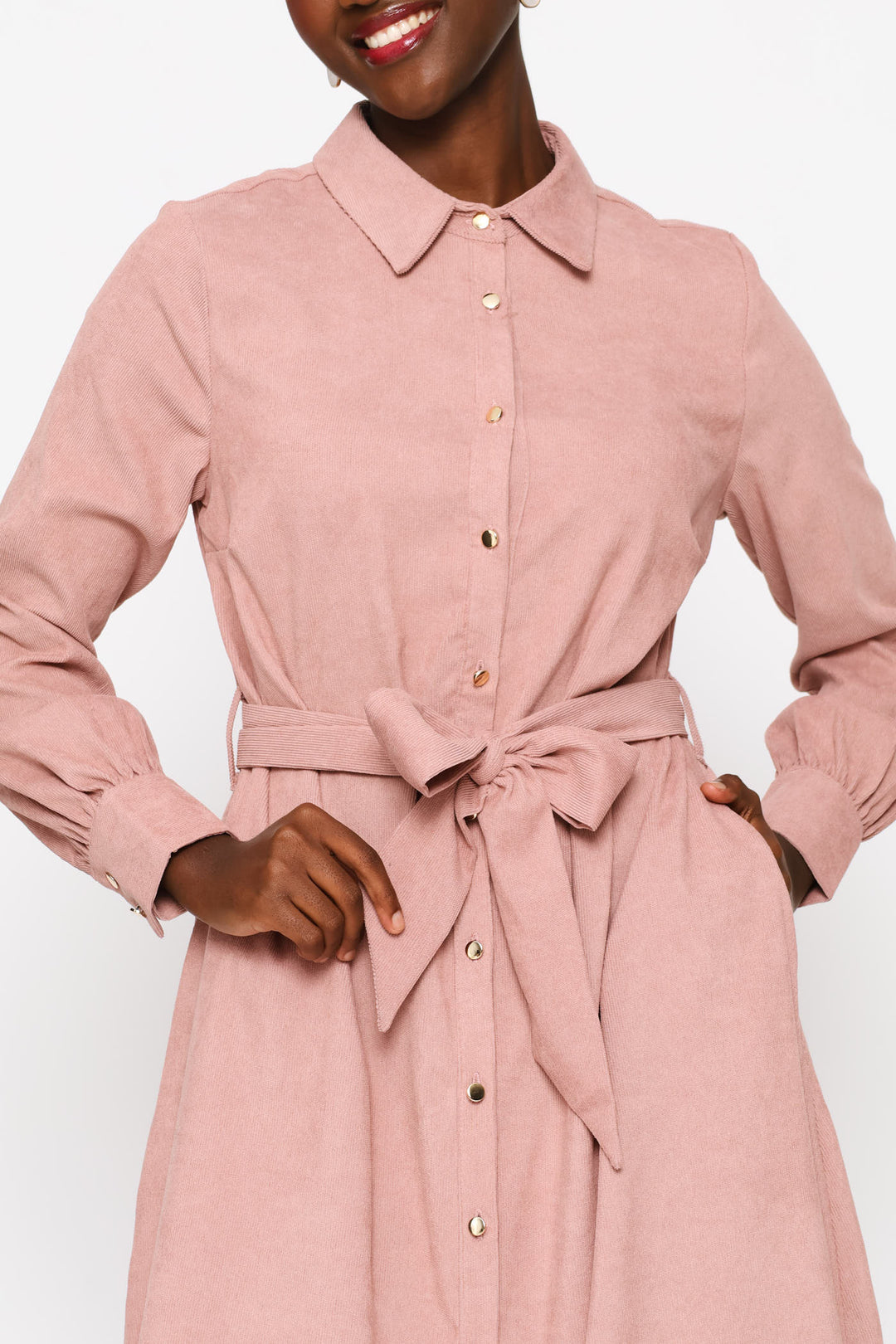 Long Sleeve Corduroy Self Belt Midi Shirt Dress - Deep Rose