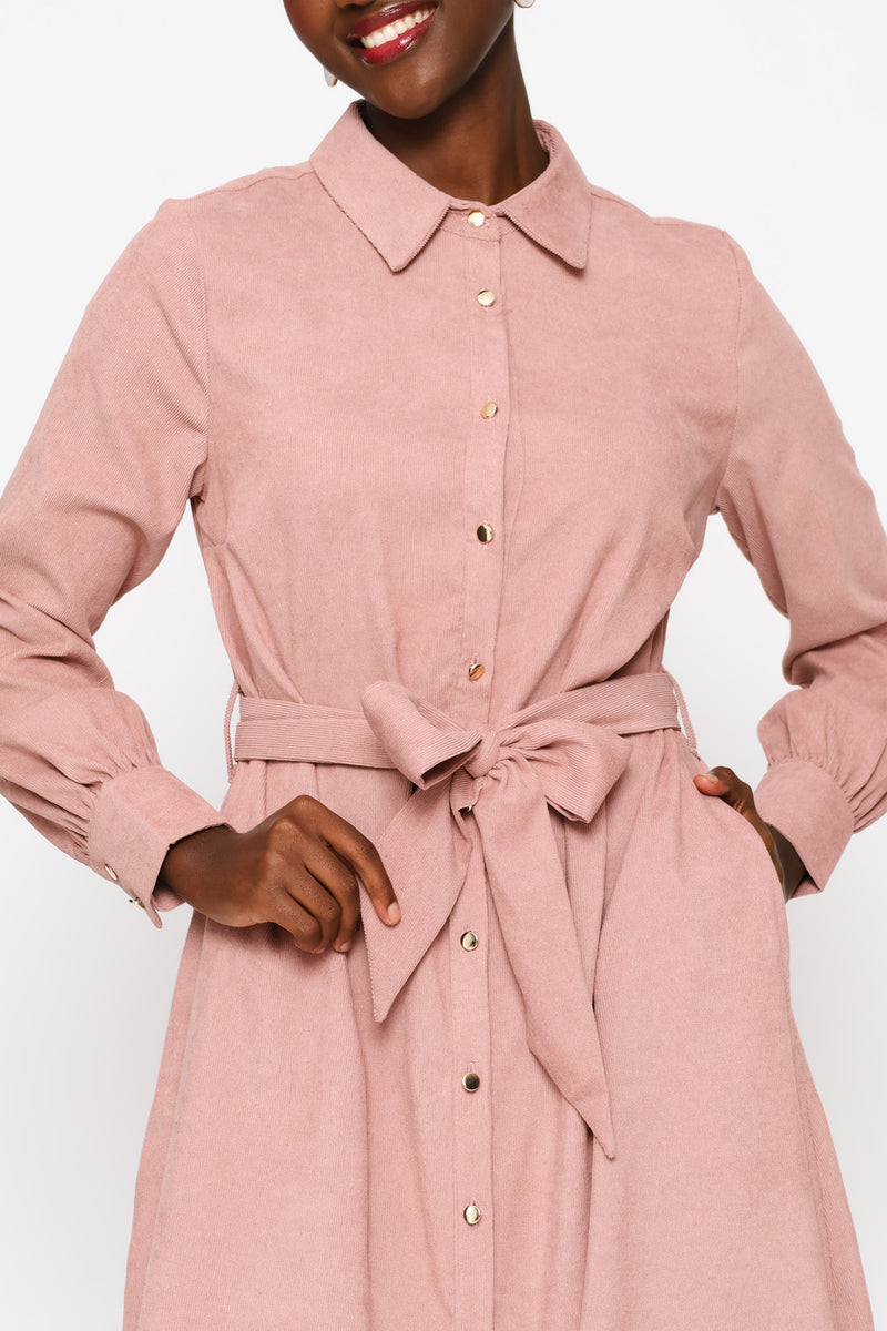 Long Sleeve Corduroy Self Belt Midi Shirt Dress - Deep Rose