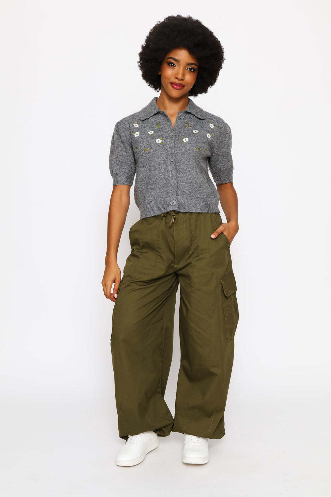 Collar Flower Embellished Knit Top - Charcoal