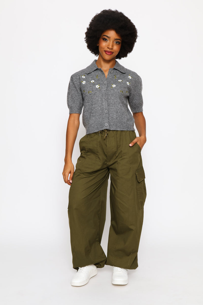 Collar Flower Embellished Knit Top - Charcoal