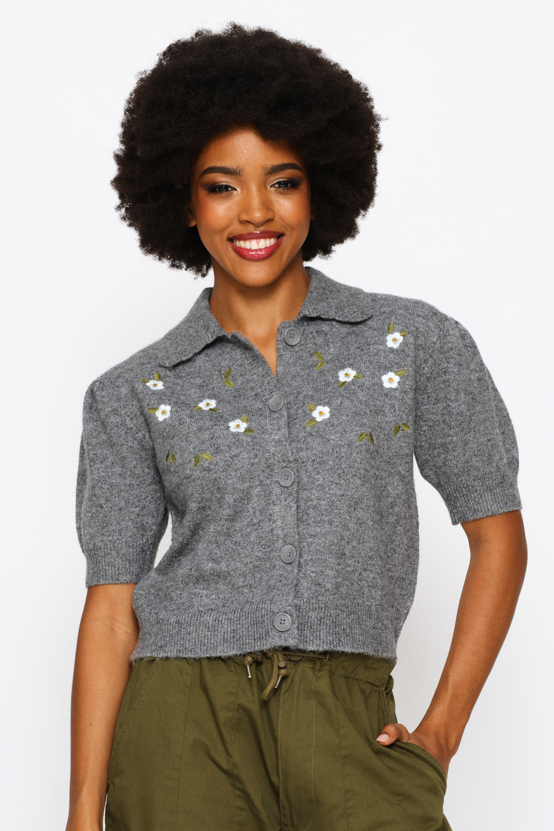 Collar Flower Embellished Knit Top - Charcoal