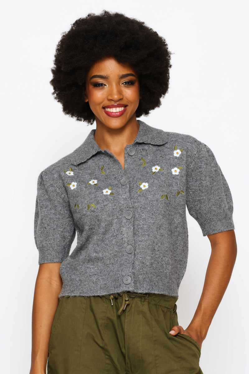 Collar Flower Embellished Knit Top - Charcoal
