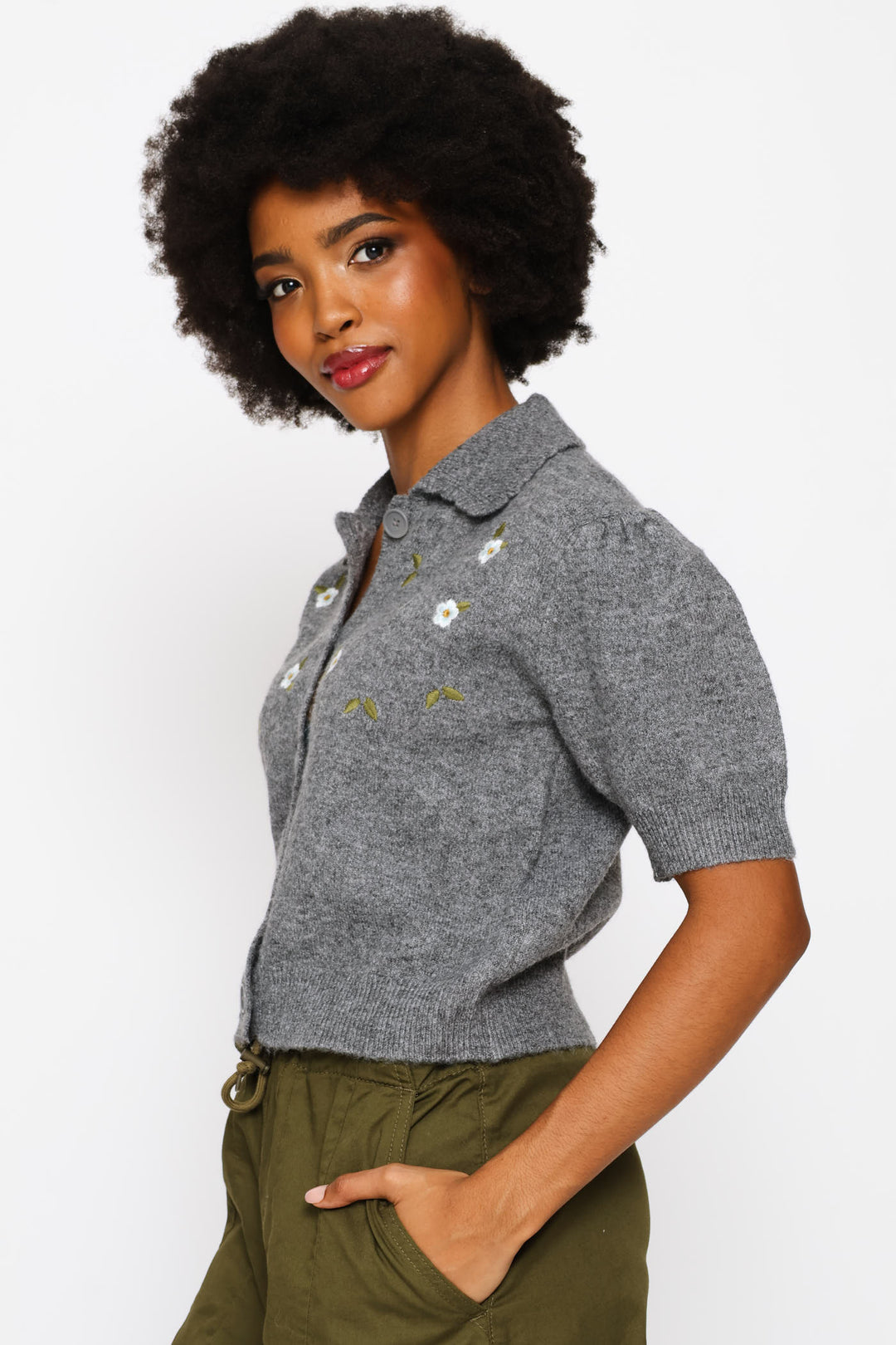 Collar Flower Embellished Knit Top - Charcoal