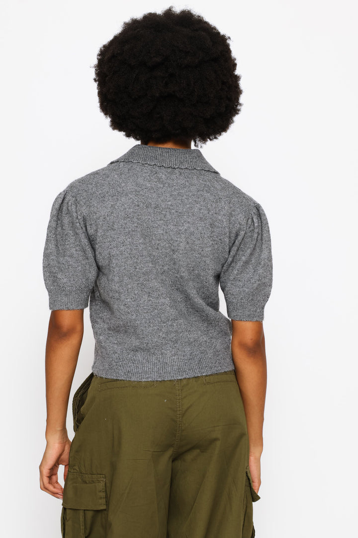 Collar Flower Embellished Knit Top - Charcoal