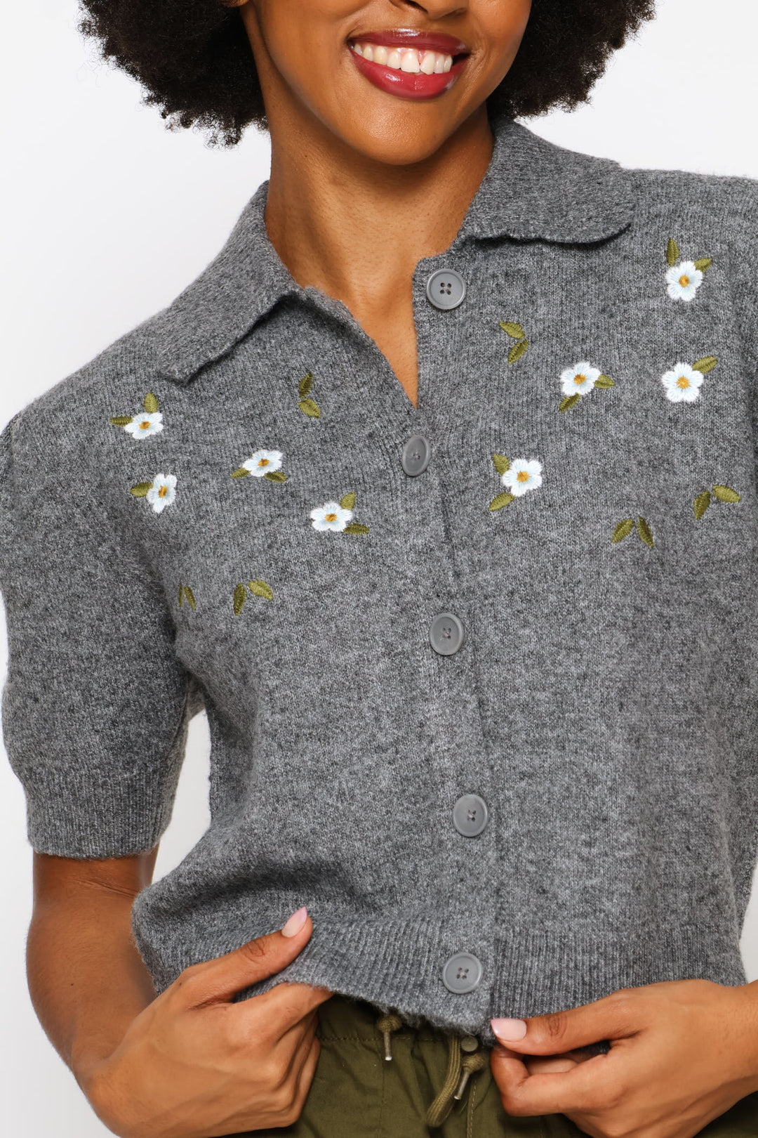 Collar Flower Embellished Knit Top - Charcoal