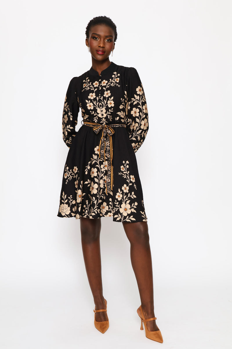 Gathered Cuff Mandarin Collar Button Through Dress - Black
