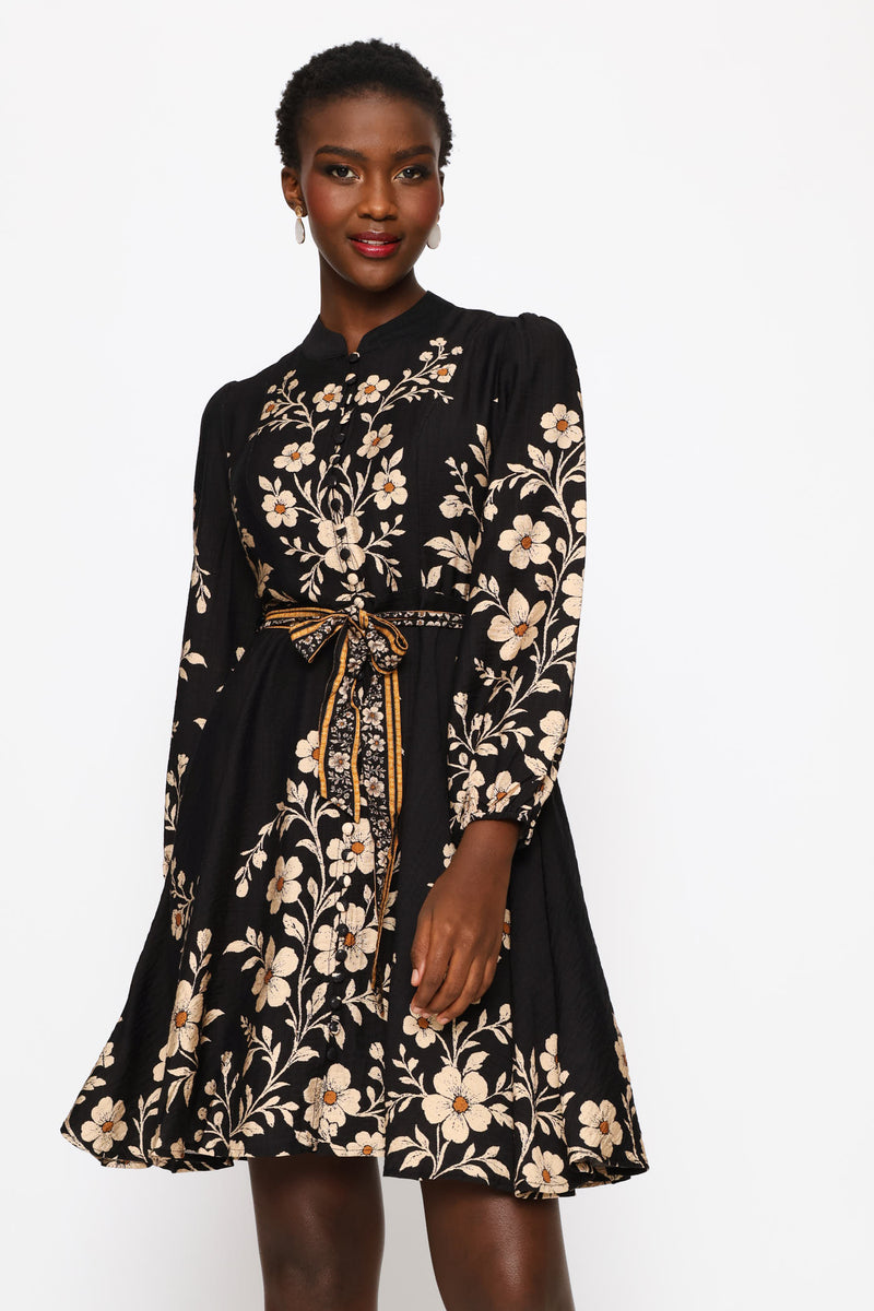 Gathered Cuff Mandarin Collar Button Through Dress - Black