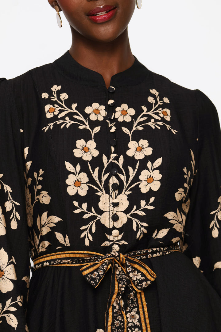 Gathered Cuff Mandarin Collar Button Through Dress - Black