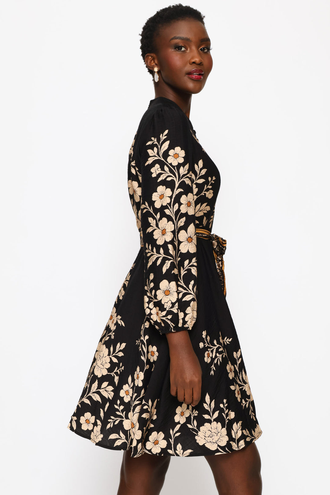 Gathered Cuff Mandarin Collar Button Through Dress - Black