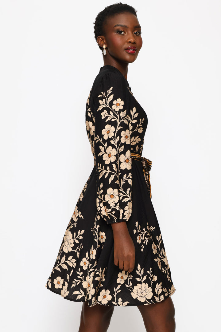 Gathered Cuff Mandarin Collar Button Through Dress - Black