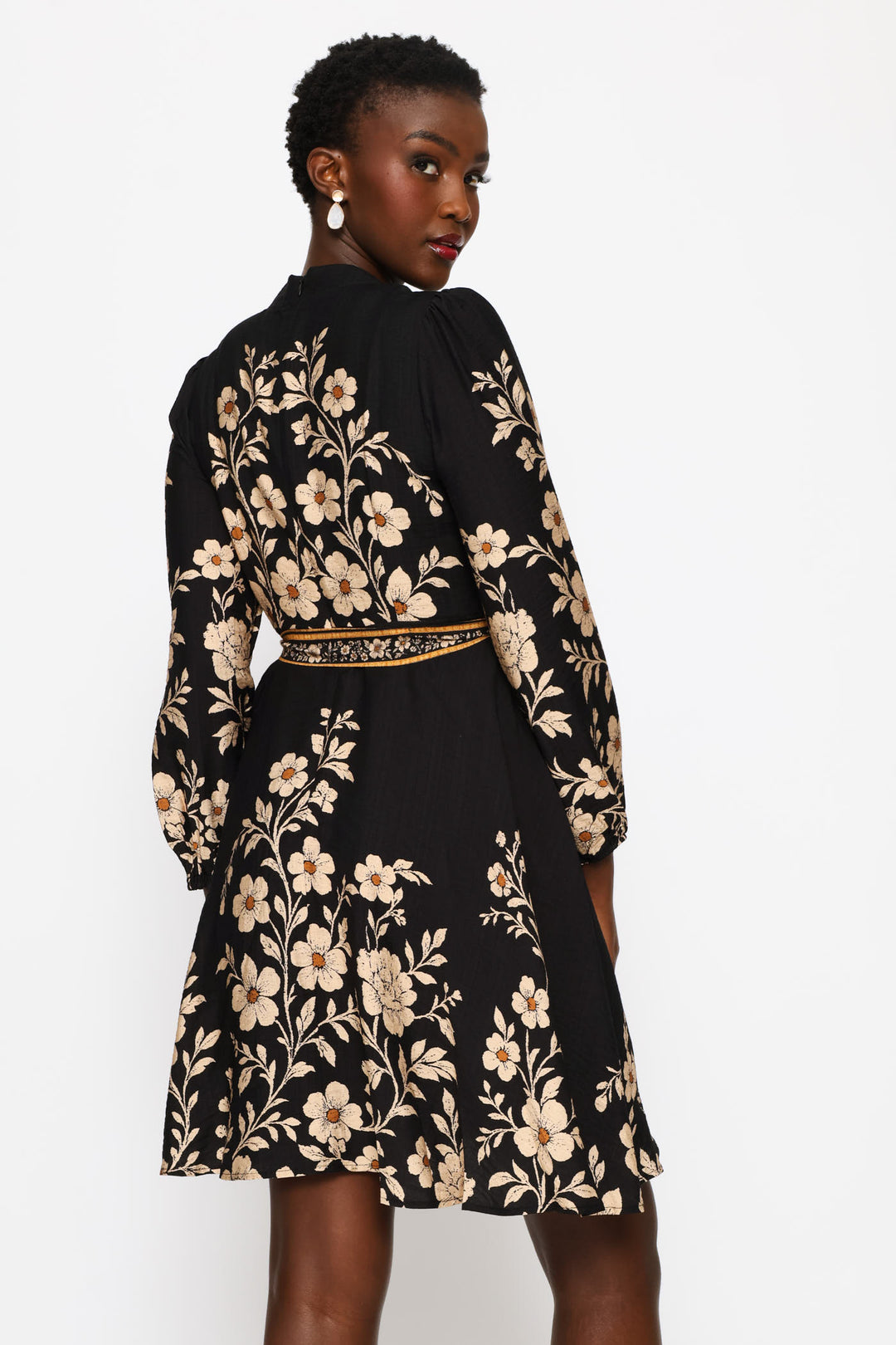 Gathered Cuff Mandarin Collar Button Through Dress - Black