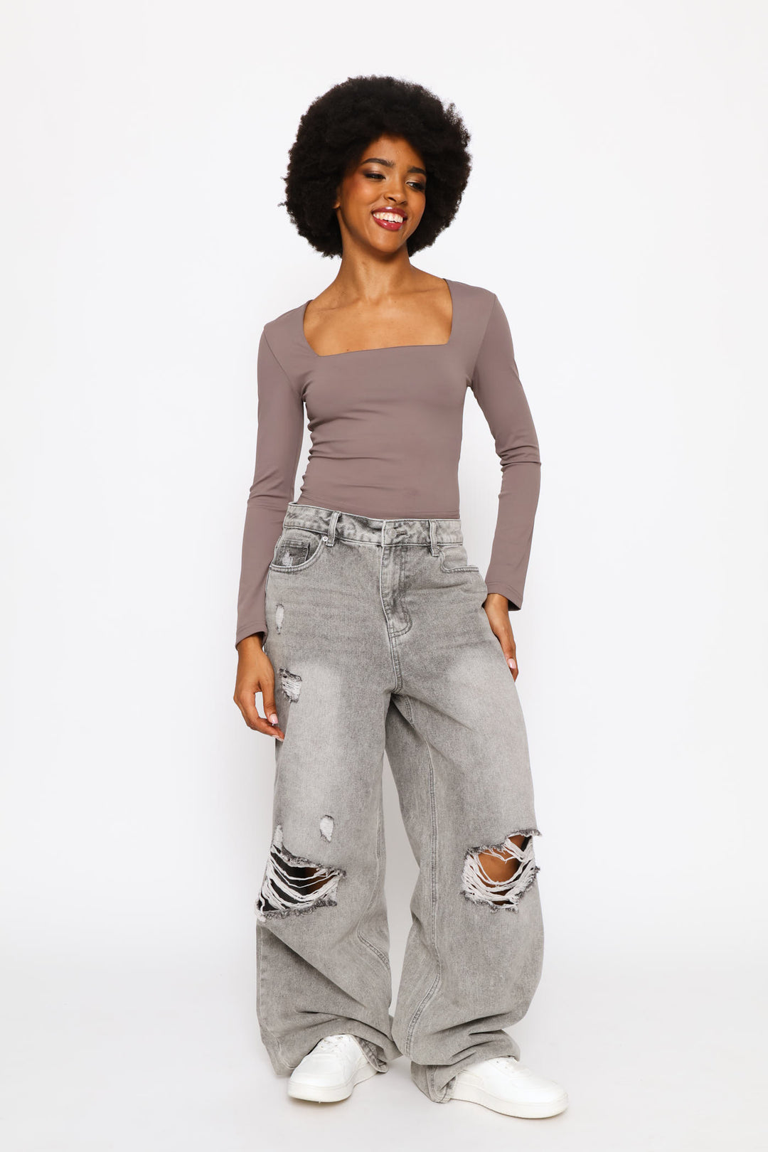 Long Sleeve Square Neck Skin Tight Basic Top - Slate