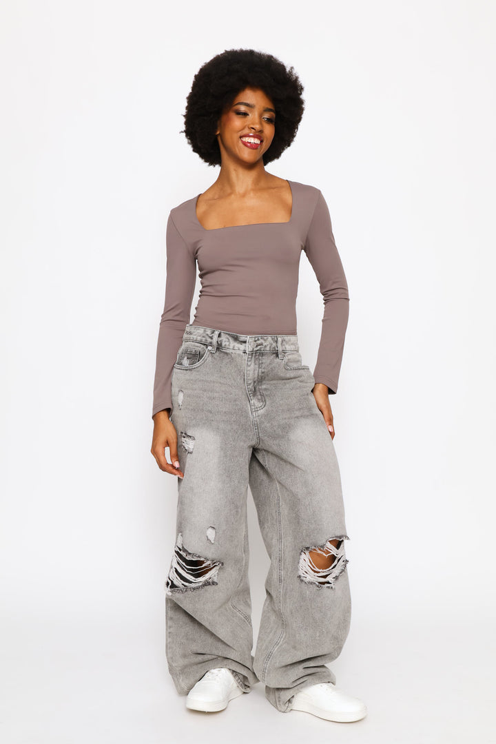 Long Sleeve Square Neck Skin Tight Basic Top - Slate