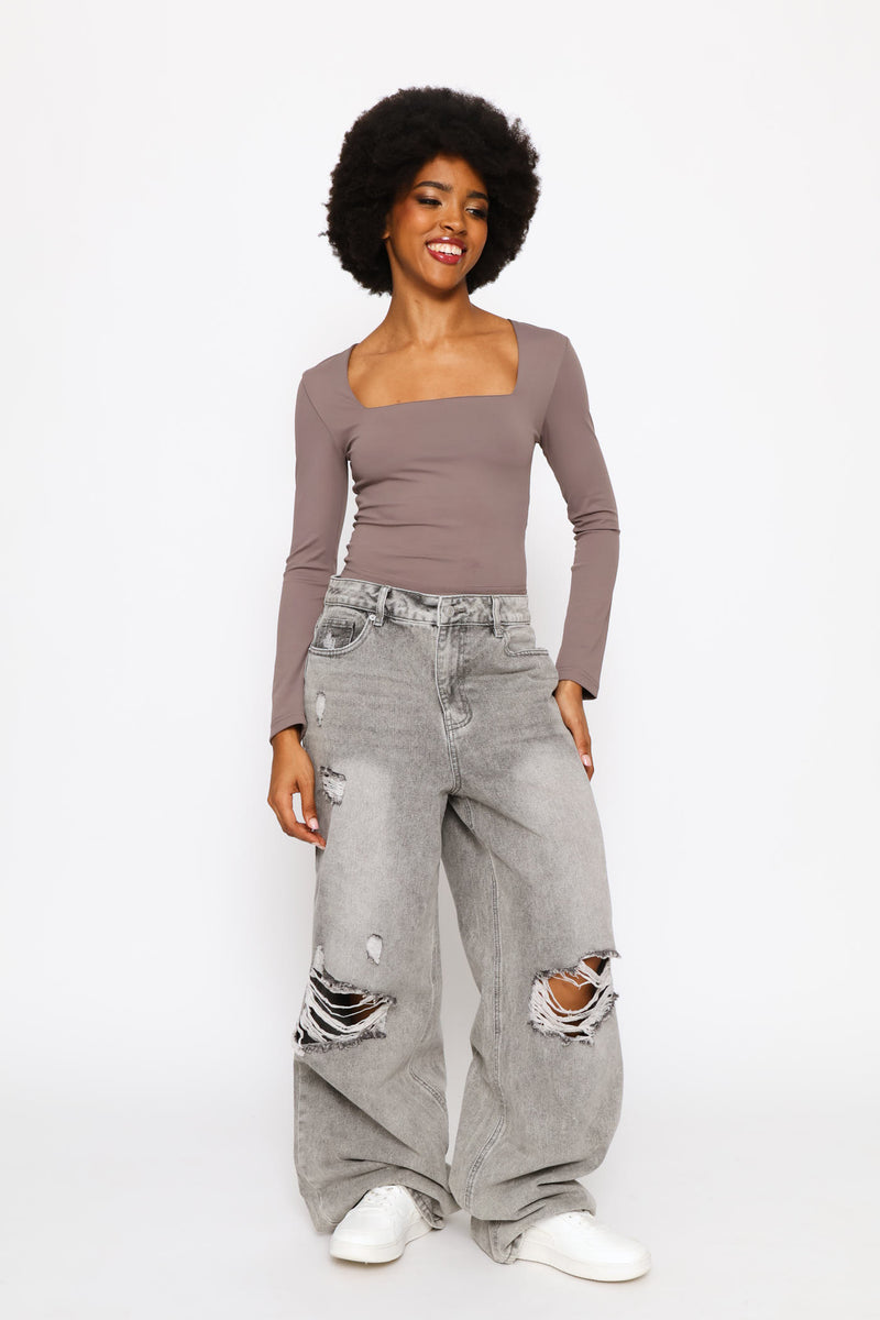 Long Sleeve Square Neck Skin Tight Basic Top - Slate