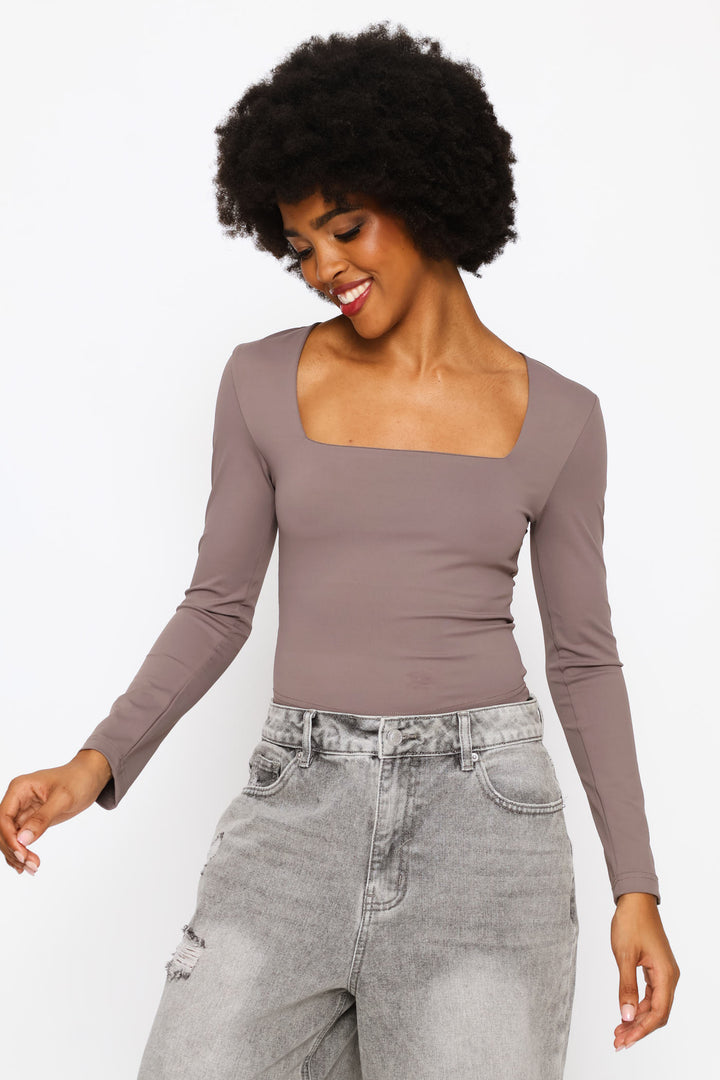 Long Sleeve Square Neck Skin Tight Basic Top - Slate