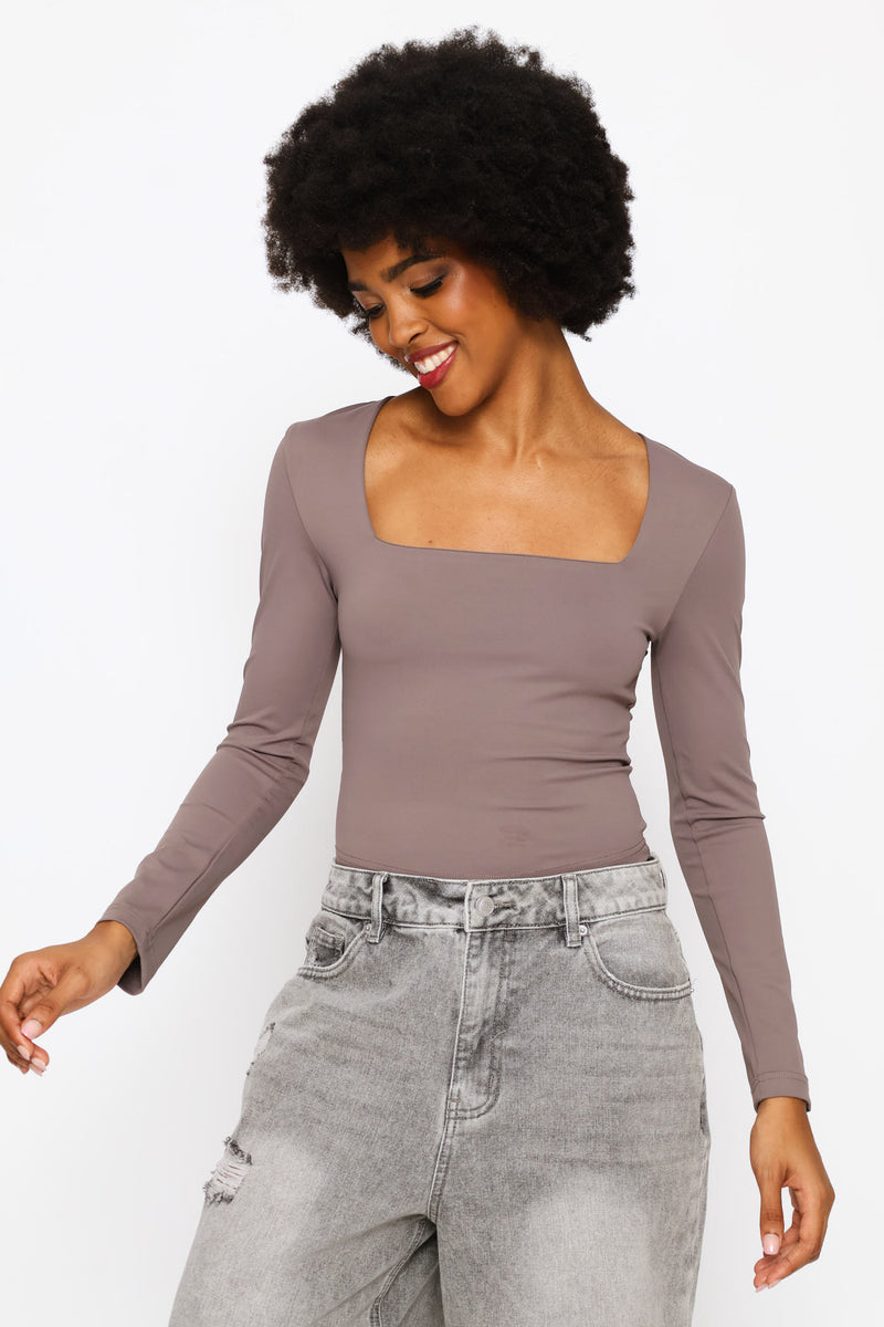 Long Sleeve Square Neck Skin Tight Basic Top - Slate