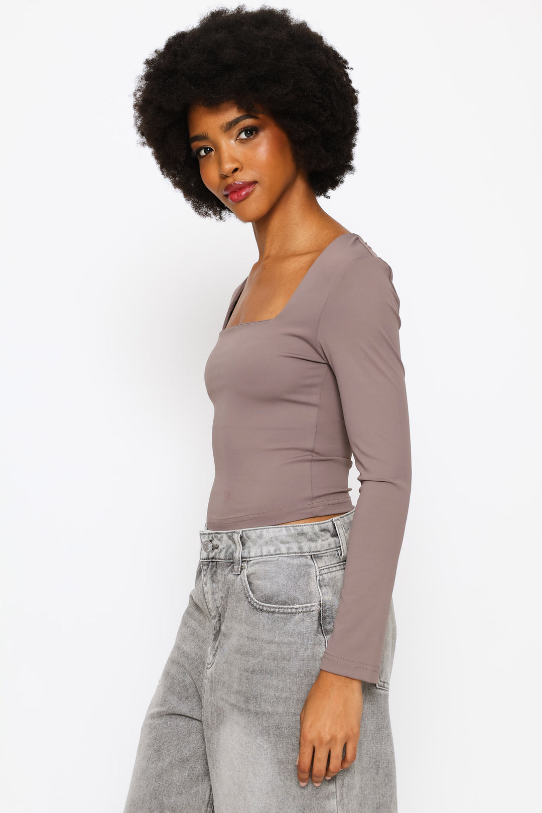 Long Sleeve Square Neck Skin Tight Basic Top - Slate