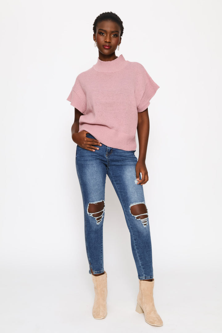 Turtle Neck Batwing Knitwear Top - Deep Rose
