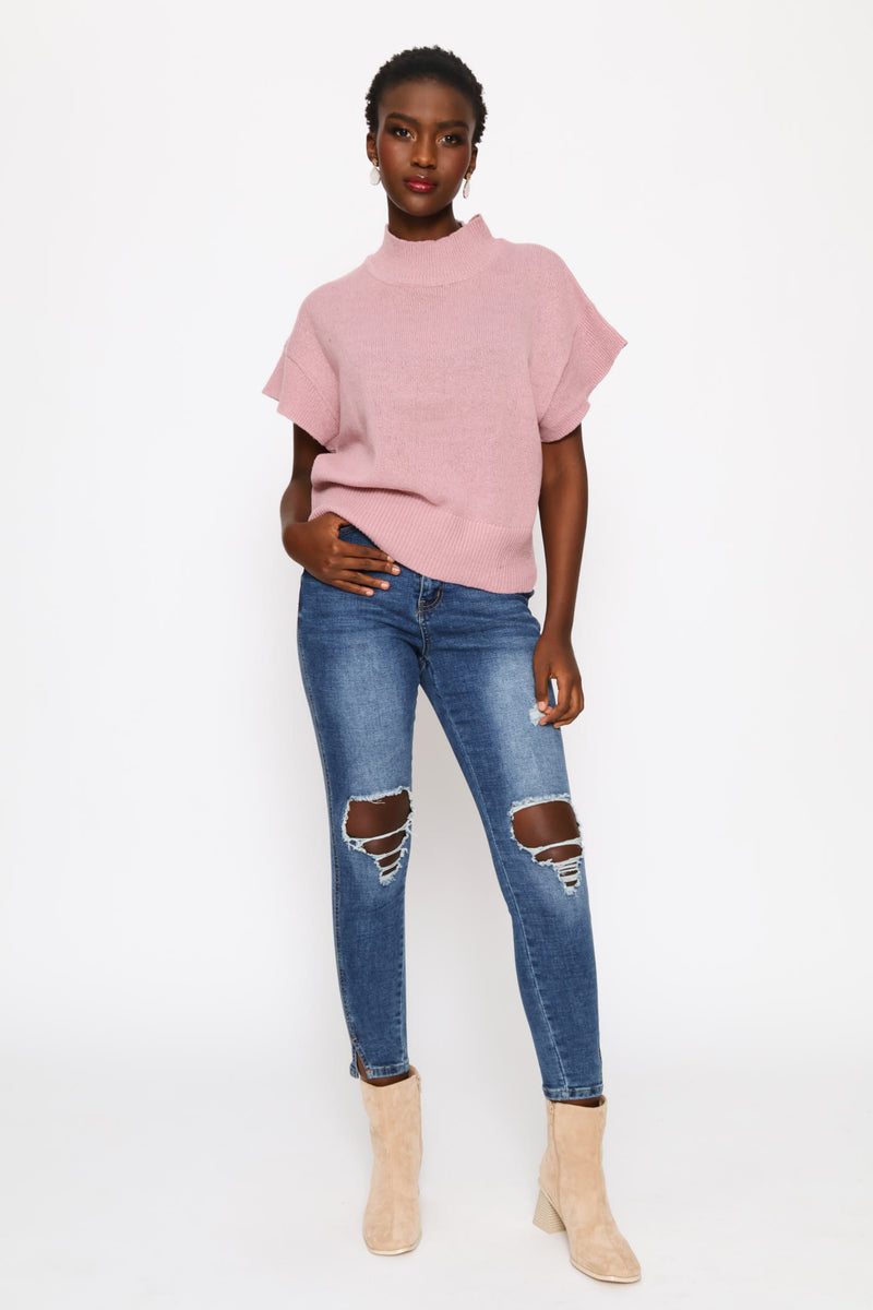Turtle Neck Batwing Knitwear Top - Deep Rose