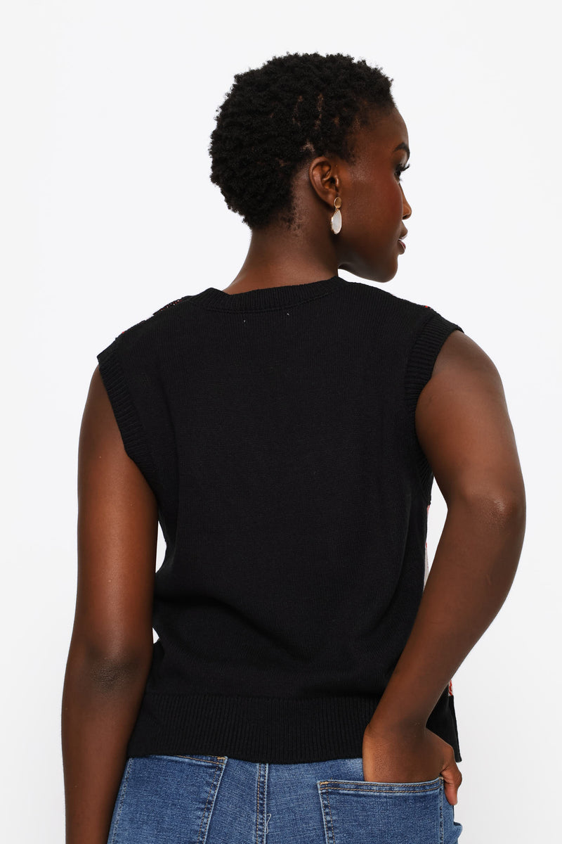 Sleeveless Argyle Vest - Black/Cream