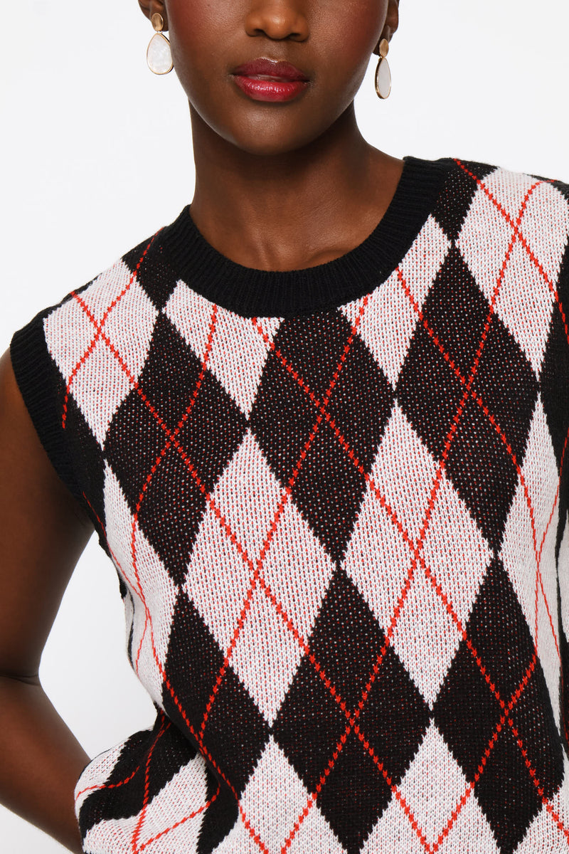 Sleeveless Argyle Vest - Black/Cream