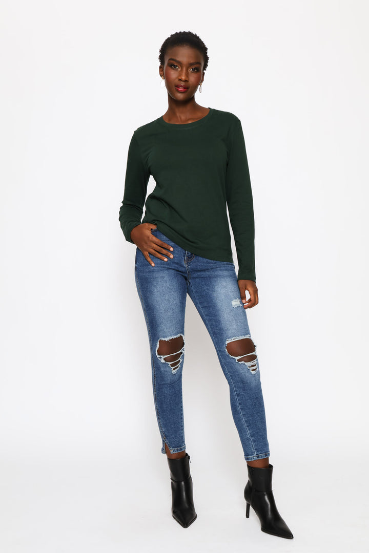 Long Sleeve Cotton Crew Tee - Military Green