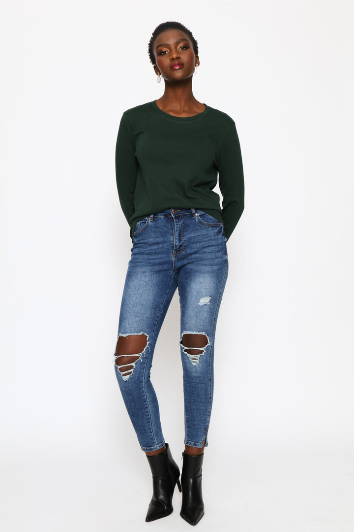 Long Sleeve Cotton Crew Tee - Military Green