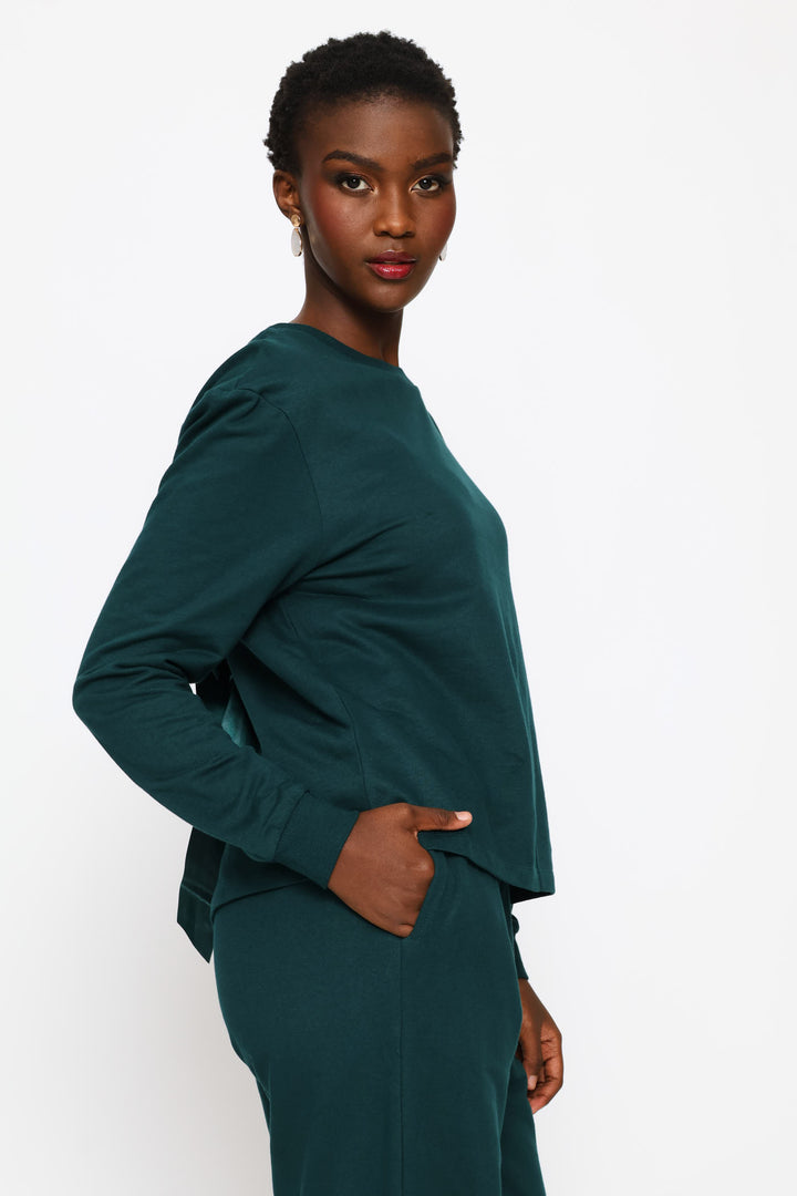 Satin Bow Back Detail Pullover - Teal