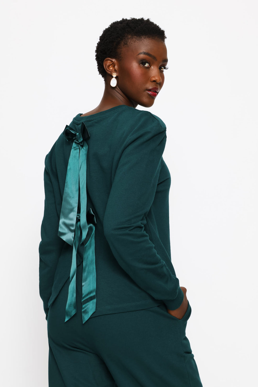 Satin Bow Back Detail Pullover - Teal
