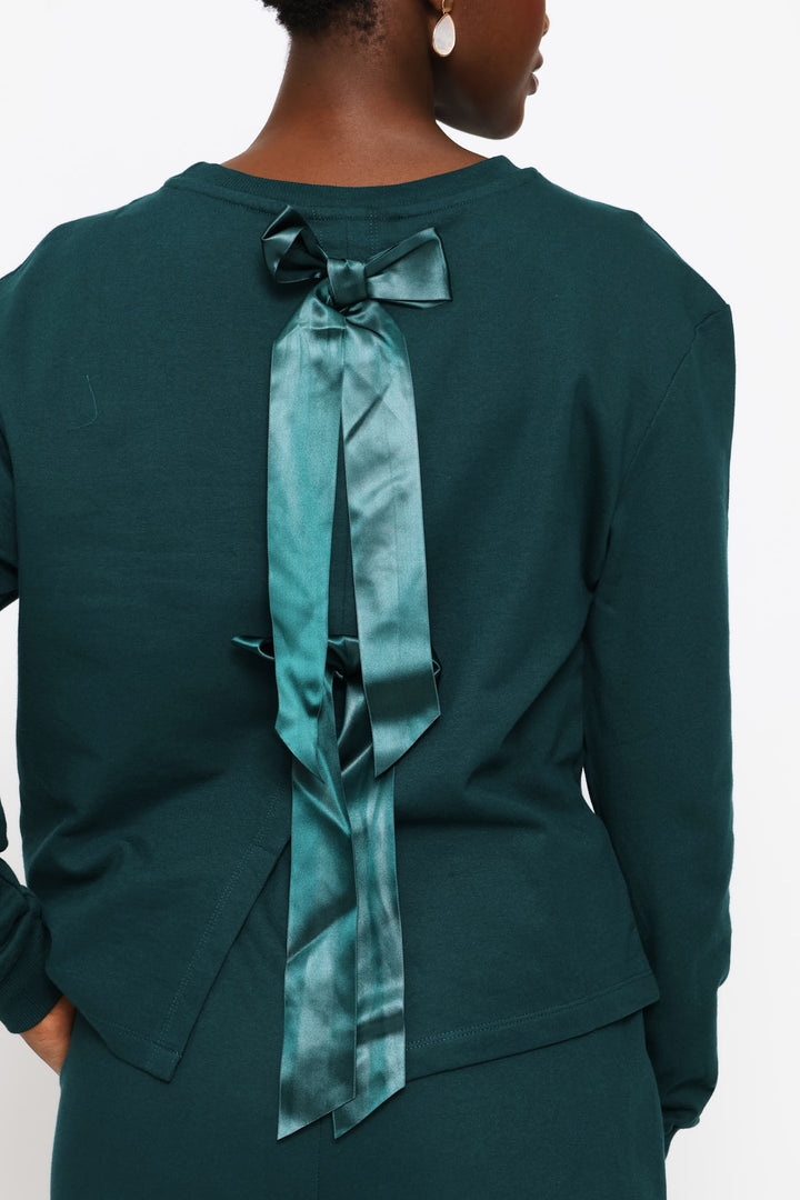 Satin Bow Back Detail Pullover - Teal