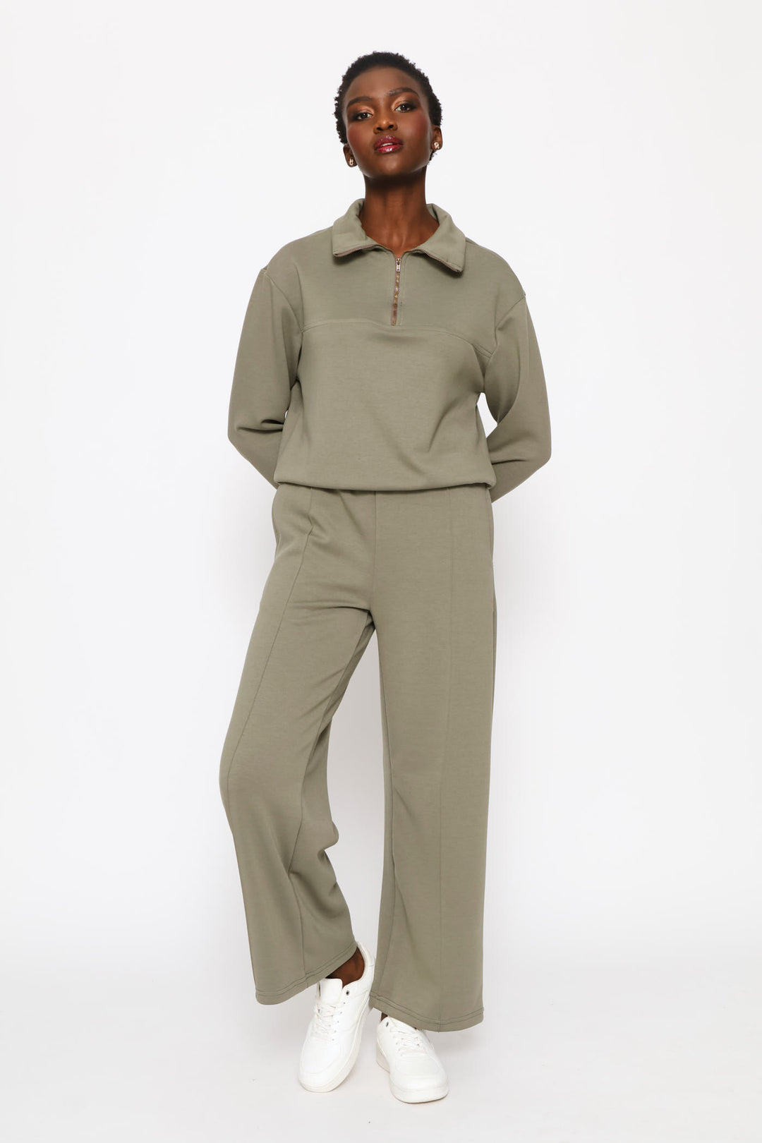 Plush Pintuck Wide Leg Track Pants - Olive