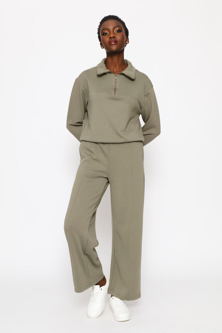 Plush Pintuck Wide Leg Track Pants - Olive