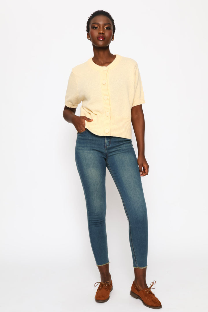 Puff Sleeve Button Through Knitwear Top - Custard
